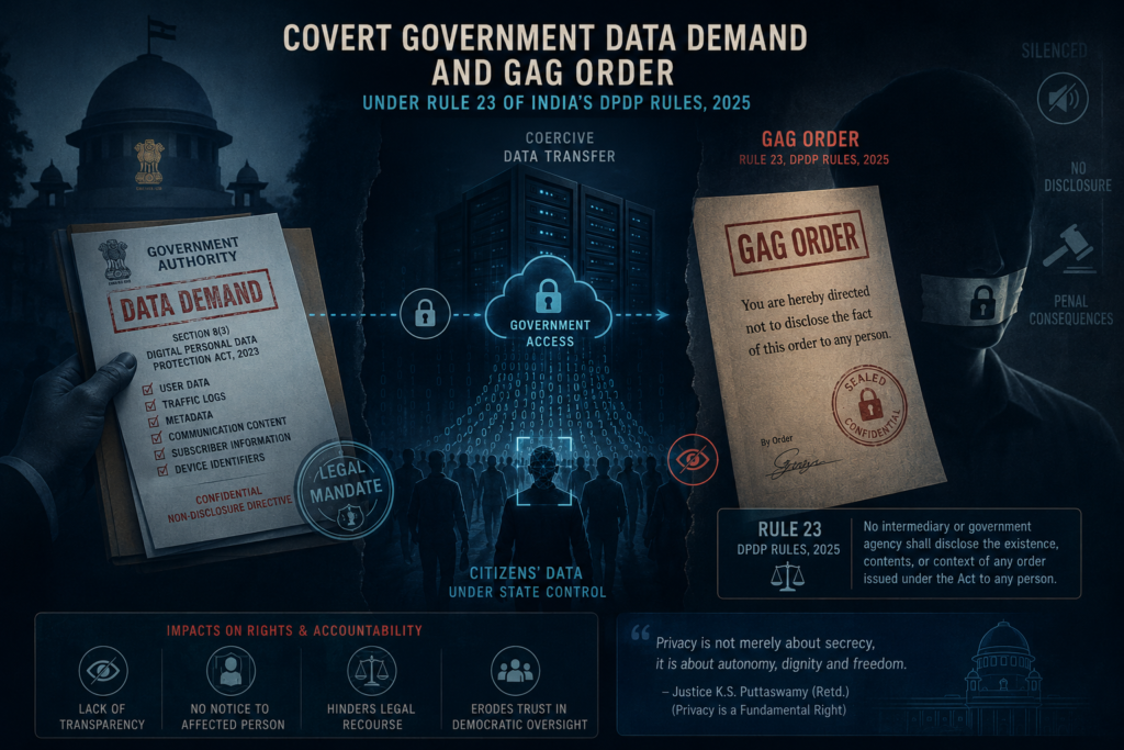 Illustration depicting a covert government data demand and gag order under Rule 23 of India's DPDP Rules 2025